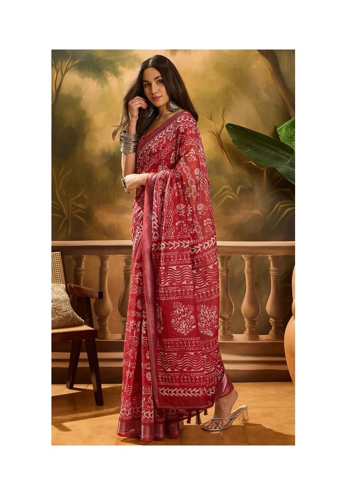 Malishka Export ساري هندسي من الكتان القرمزي للنساء - Image 3